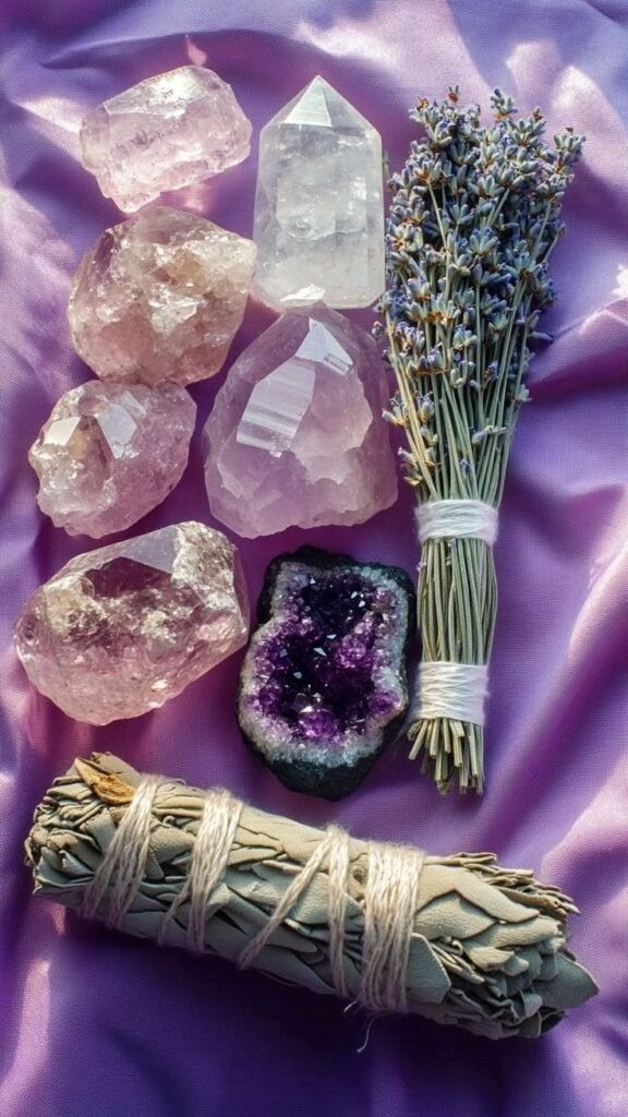 Healing crystals like Amethyst and Rose Quartz for Reiki session