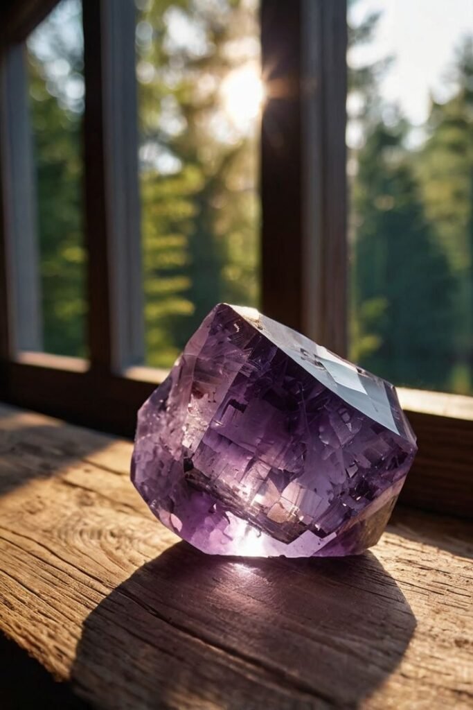 Raw Amethyst crystal for mental clarity and stress relief at office desk.