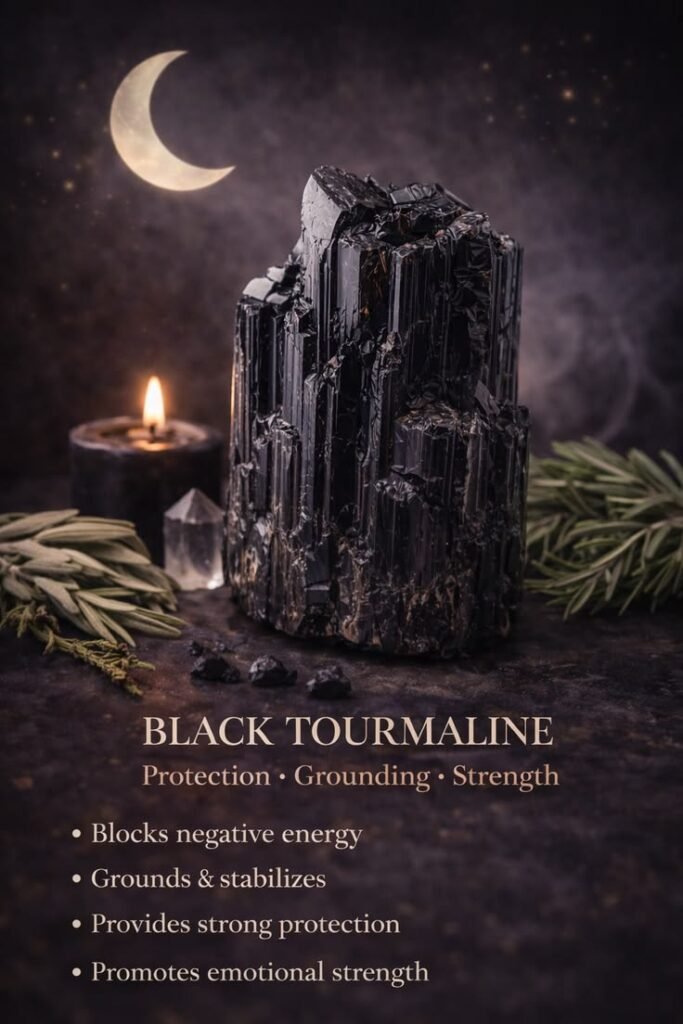 Raw Black Tourmaline crystal for shielding and protection against negative energy.