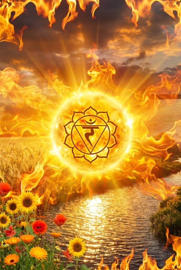 Solar Plexus Manipura Chakra symbol glowing with gold fire energy