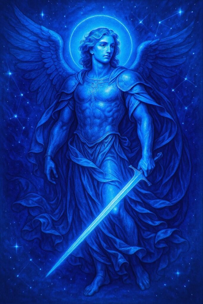 ​A divine illustration of Archangel Michael standing in powerful blue light, holding a glowing sword of spiritual protection.