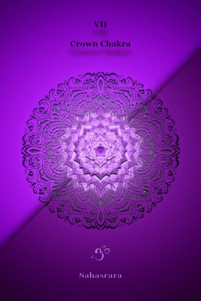 Crown Chakra Sahasrara symbol with sacred Om symbol on purple background