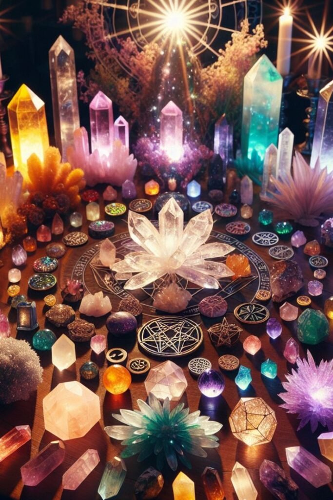 Sacred crystal grid with various healing gemstones and quartz crystals arranged for energy healing and chakra balance